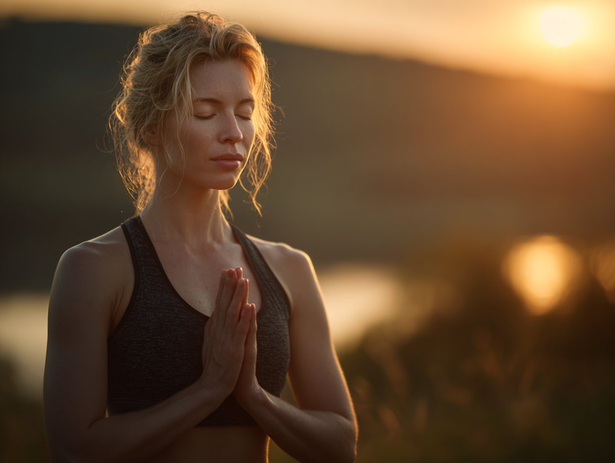 Жінка практикує йогу на природі під час світанку